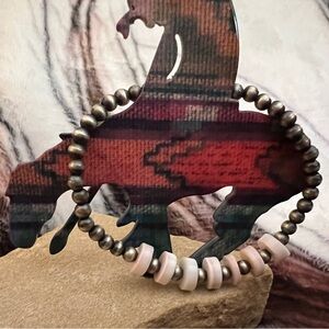 ❤️ Queen Pink Conch 6mm Desert Pearl Native Navajo Heishi Stack Bracelet Sz 6.25